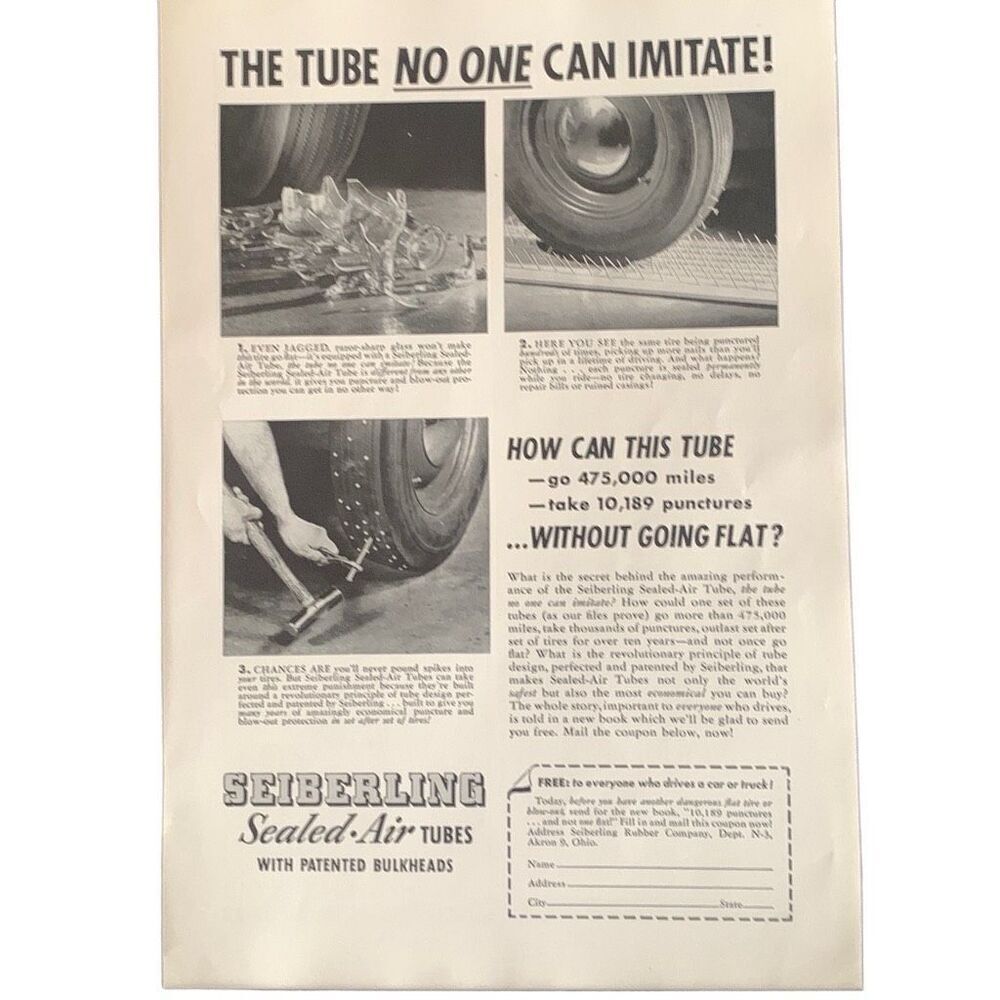 Vintage 1949 Seiberling Sealed Air Tubes Tire Ad Advertisement